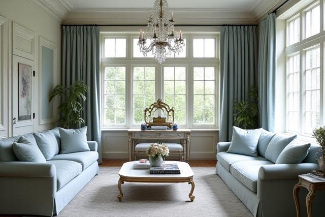 En elegant gustaviansk salong med klassiska möbler i ljusa toner och stora fönster.