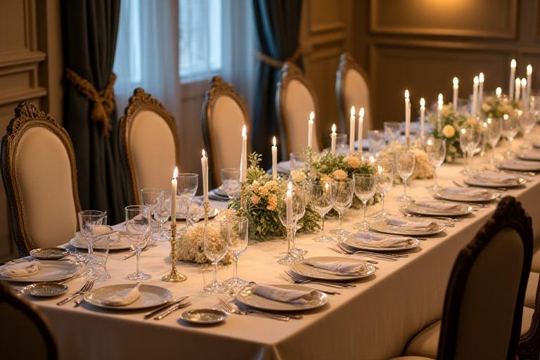 Elegant uppdukning med gustavianska möbler för ett event, i en stämningsfull miljö